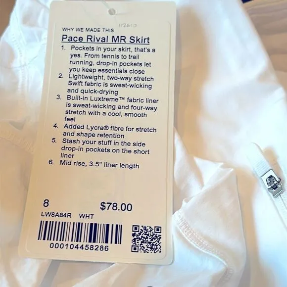 Lululemon Pace Rival Skirt Regular 4 way Stretch 13&quot; White size 8 NWT tennis