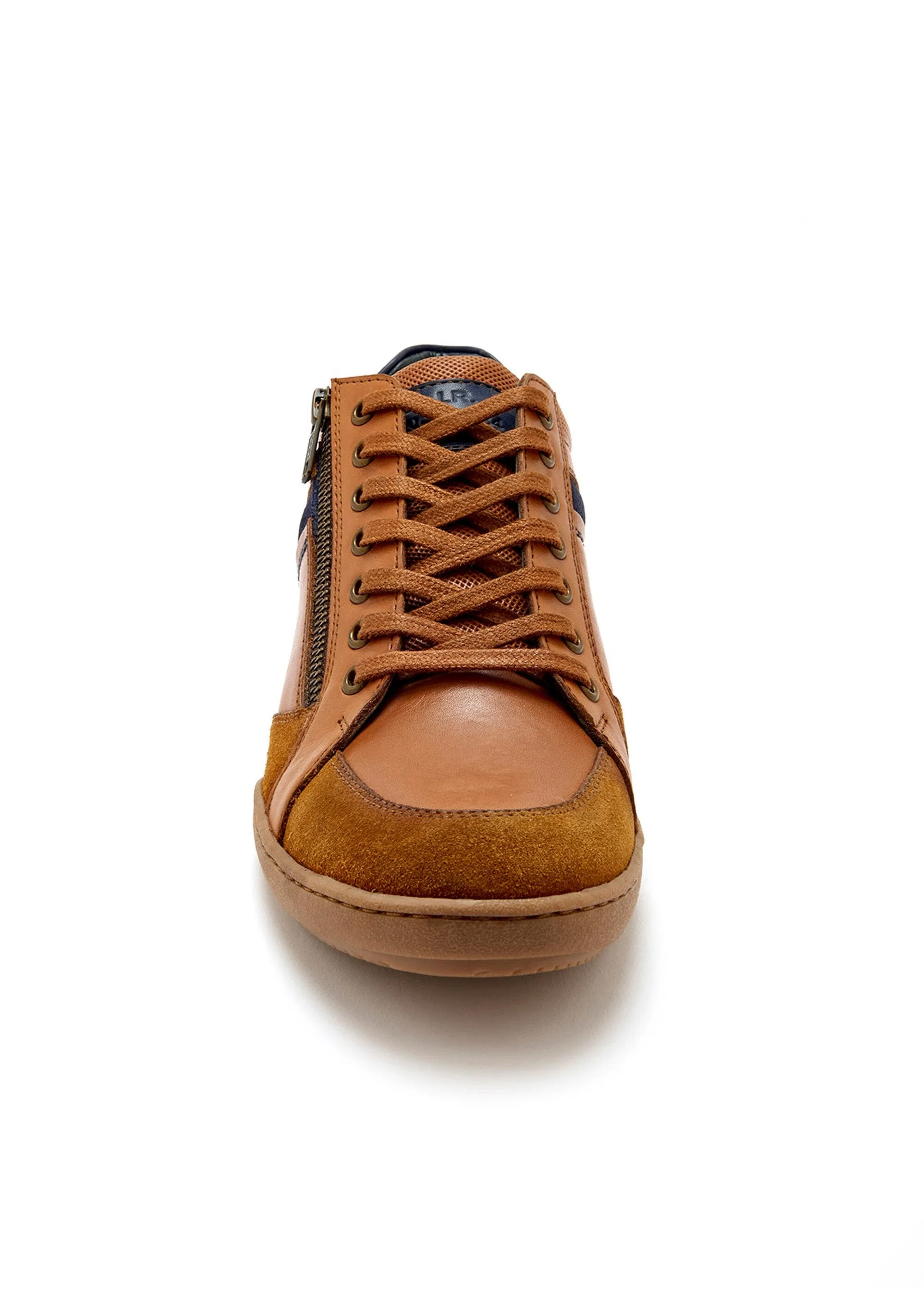 Multi-material leather sneakers with laces and zip