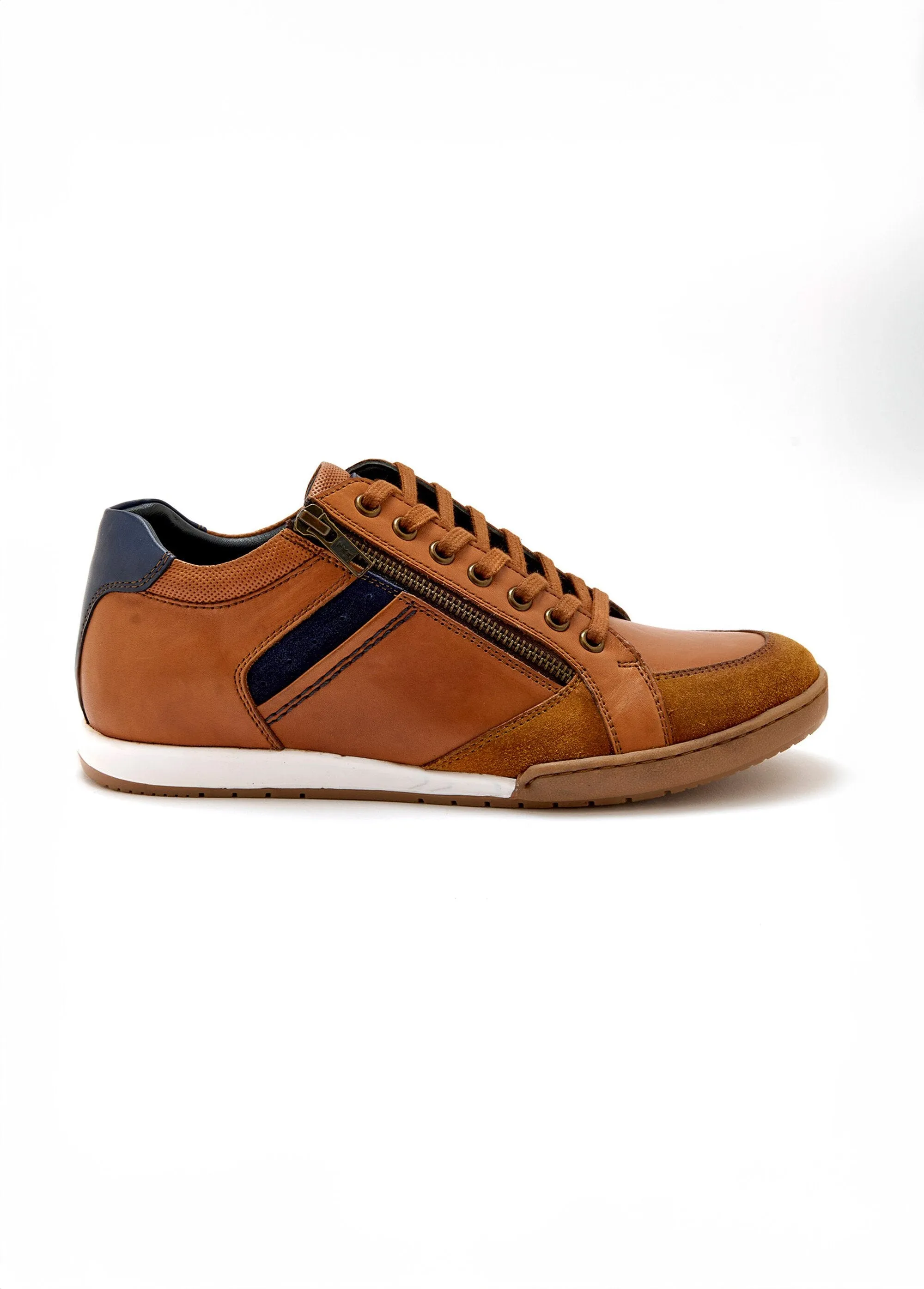 Multi-material leather sneakers with laces and zip