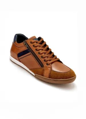 Multi-material leather sneakers with laces and zip