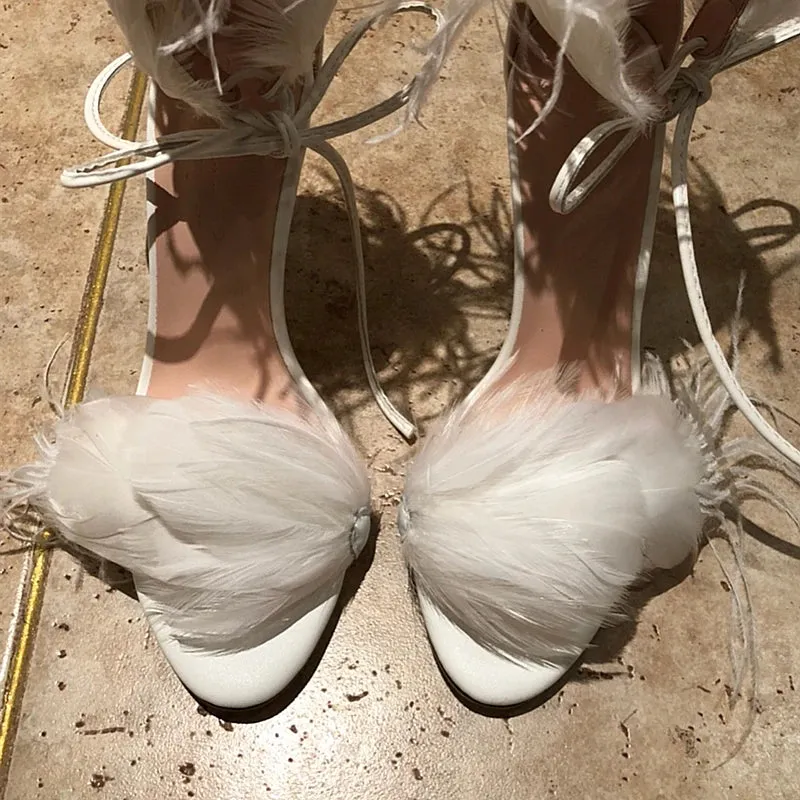 New Feather High Heels for Women Thin Heels with Hollow out Sexy Strap