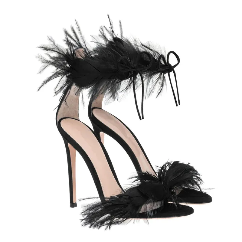 New Feather High Heels for Women Thin Heels with Hollow out Sexy Strap