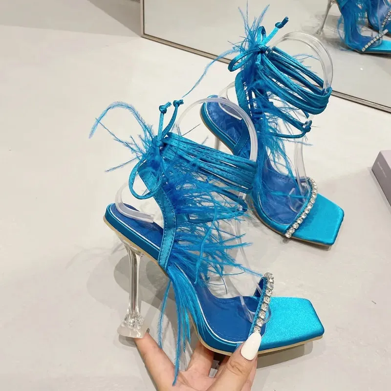 New Rhinestone Feather Lace-up Cross-Tied Sexy Gladiator Square Toe High Heel Sandal CODE: KAR2383