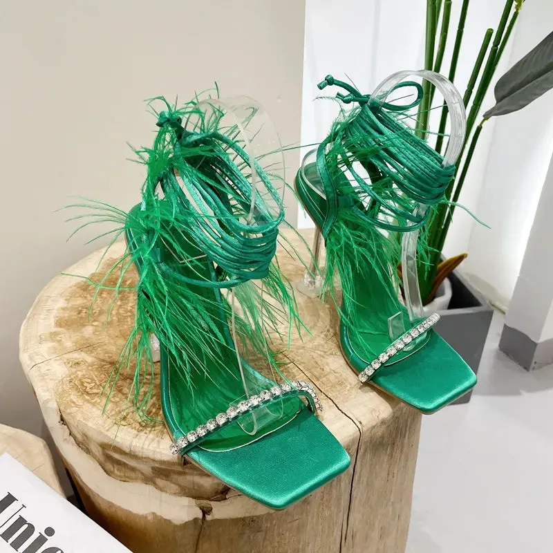 New Rhinestone Feather Lace-up Cross-Tied Sexy Gladiator Square Toe High Heel Sandal CODE: KAR2383