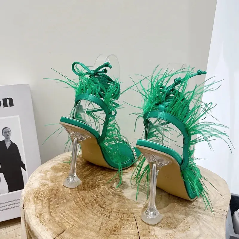 New Rhinestone Feather Lace-up Cross-Tied Sexy Gladiator Square Toe High Heel Sandal CODE: KAR2383