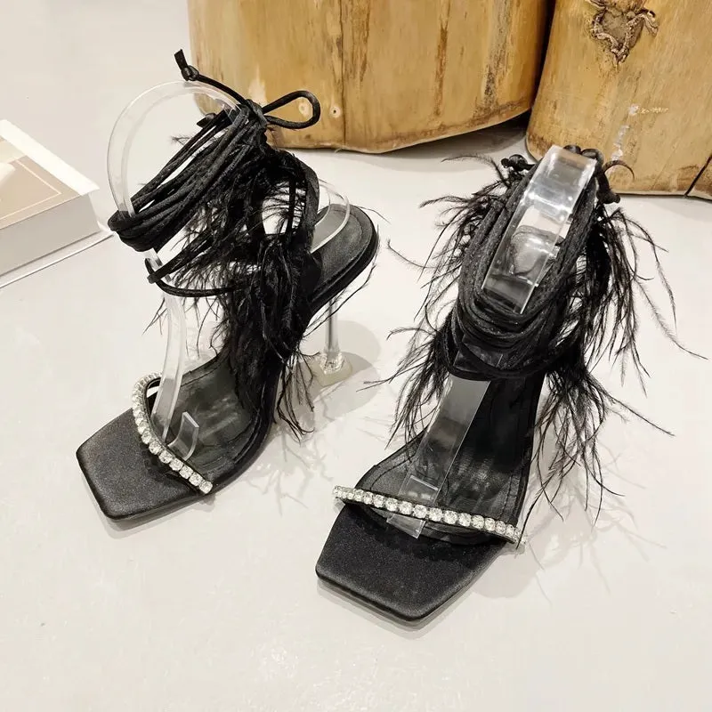 New Rhinestone Feather Lace-up Cross-Tied Sexy Gladiator Square Toe High Heel Sandal CODE: KAR2383