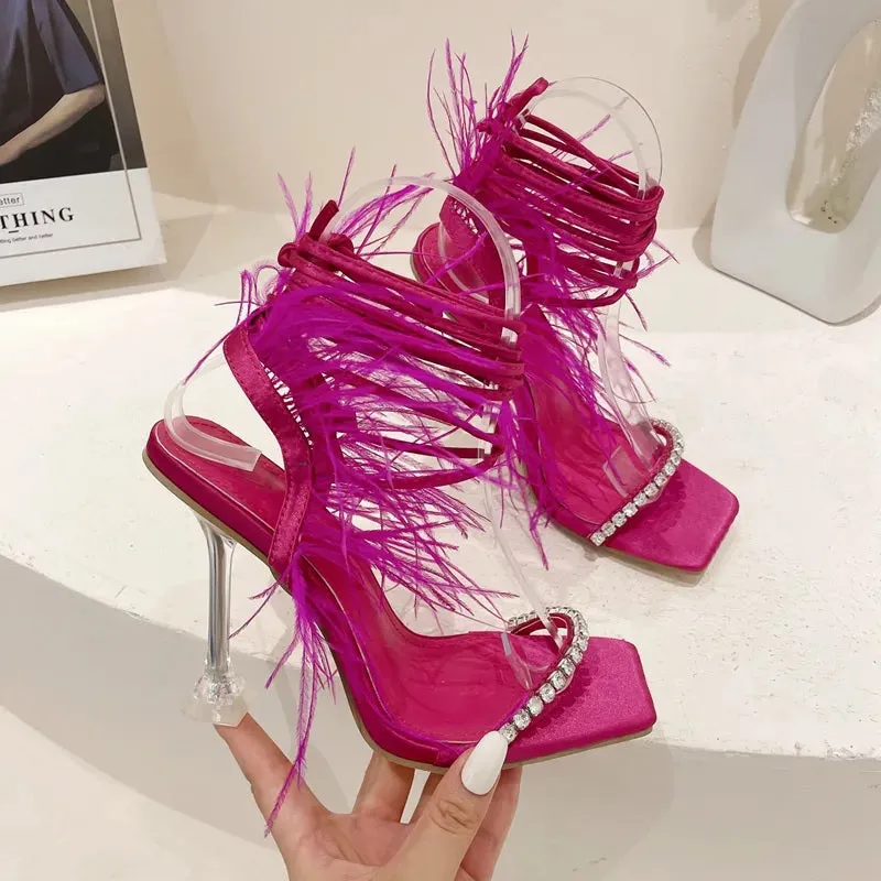 New Rhinestone Feather Lace-up Cross-Tied Sexy Gladiator Square Toe High Heel Sandal CODE: KAR2383