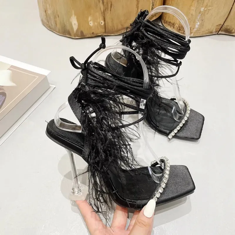 New Rhinestone Feather Lace-up Cross-Tied Sexy Gladiator Square Toe High Heel Sandal CODE: KAR2383