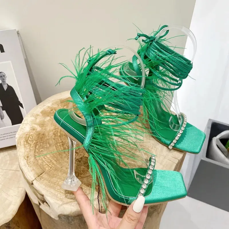 New Rhinestone Feather Lace-up Cross-Tied Sexy Gladiator Square Toe High Heel Sandal CODE: KAR2383