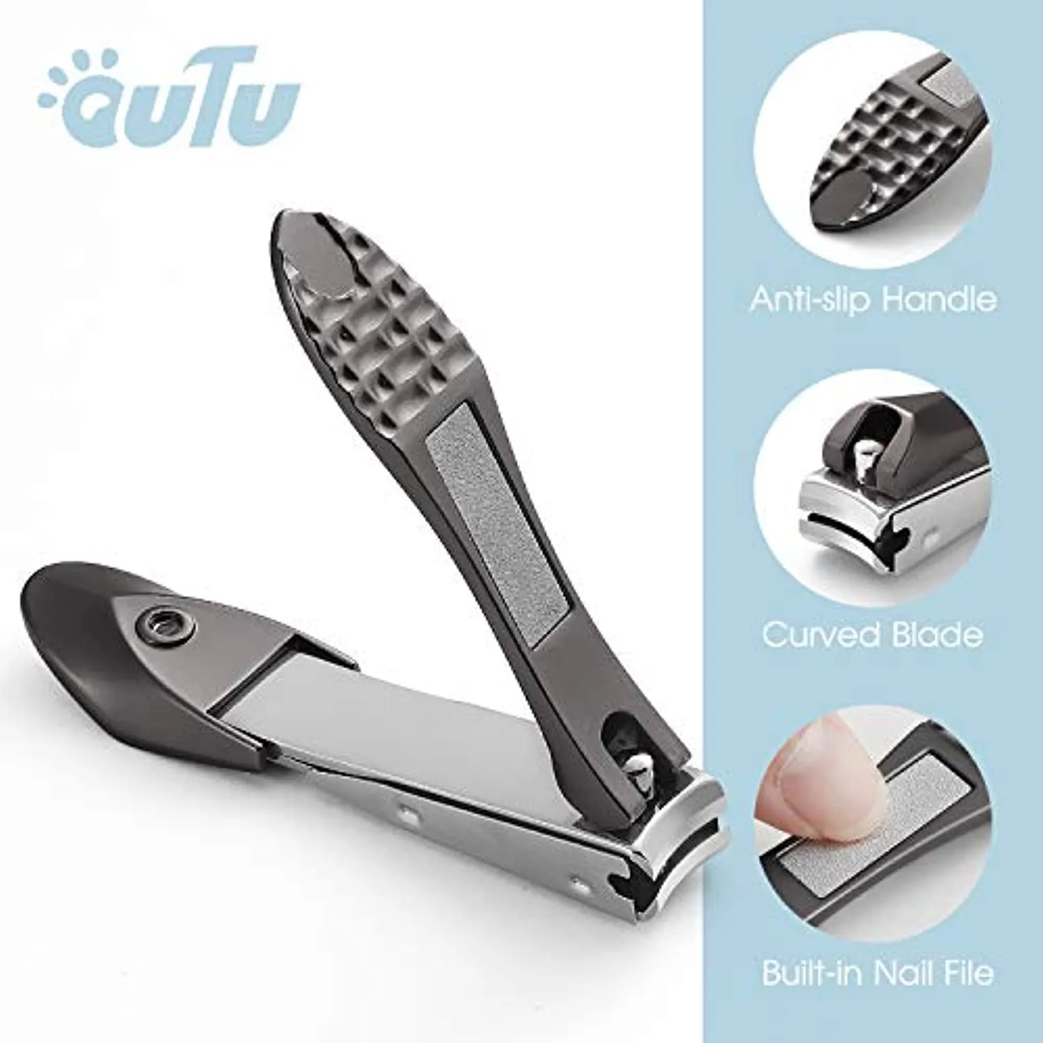 OUTU Fingernail Nail Clippers with Catcher, Bionic Design Easy Grip, for Thick Nails(Black)