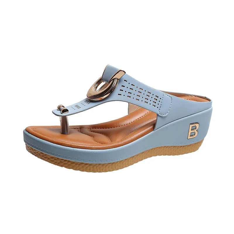 Perforated Leather Wedge Sandals with Metal Embellishment