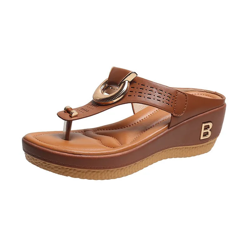 Perforated Leather Wedge Sandals with Metal Embellishment