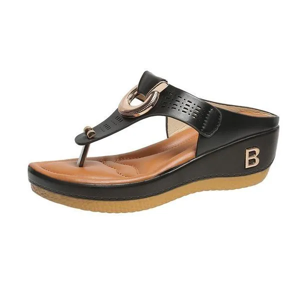 Perforated Leather Wedge Sandals with Metal Embellishment