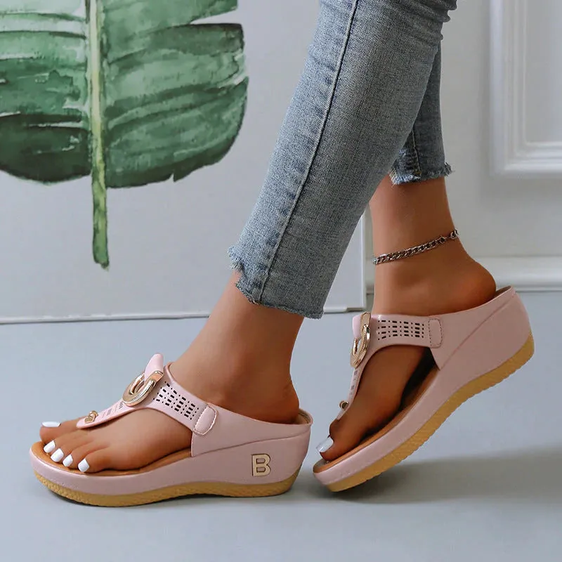 Perforated Leather Wedge Sandals with Metal Embellishment
