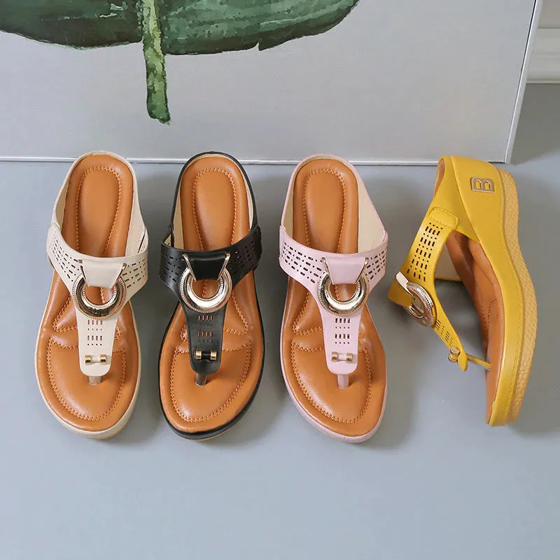 Perforated Leather Wedge Sandals with Metal Embellishment