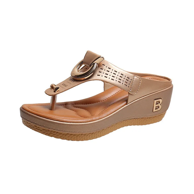 Perforated Leather Wedge Sandals with Metal Embellishment