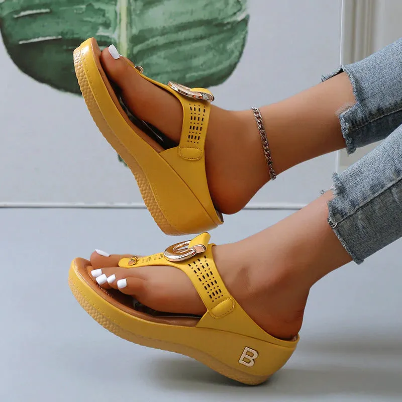 Perforated Leather Wedge Sandals with Metal Embellishment