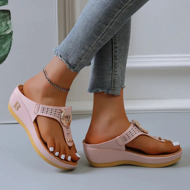 Perforated Leather Wedge Sandals with Metal Embellishment