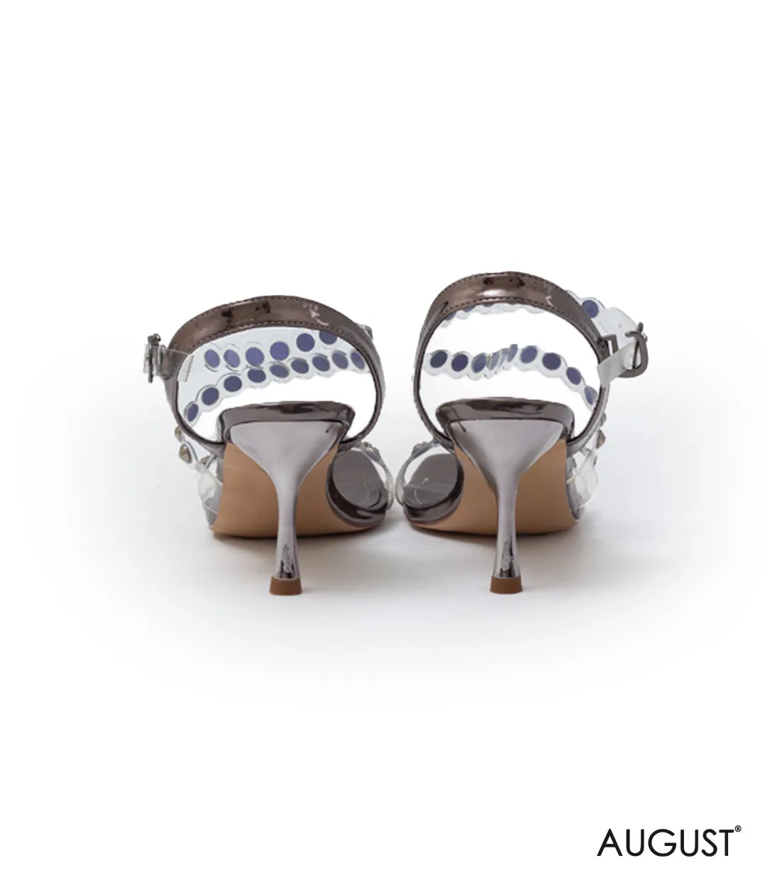 PEWTER CLEAR STUUDED CRYSTAL LOW-HEELED SANDAL