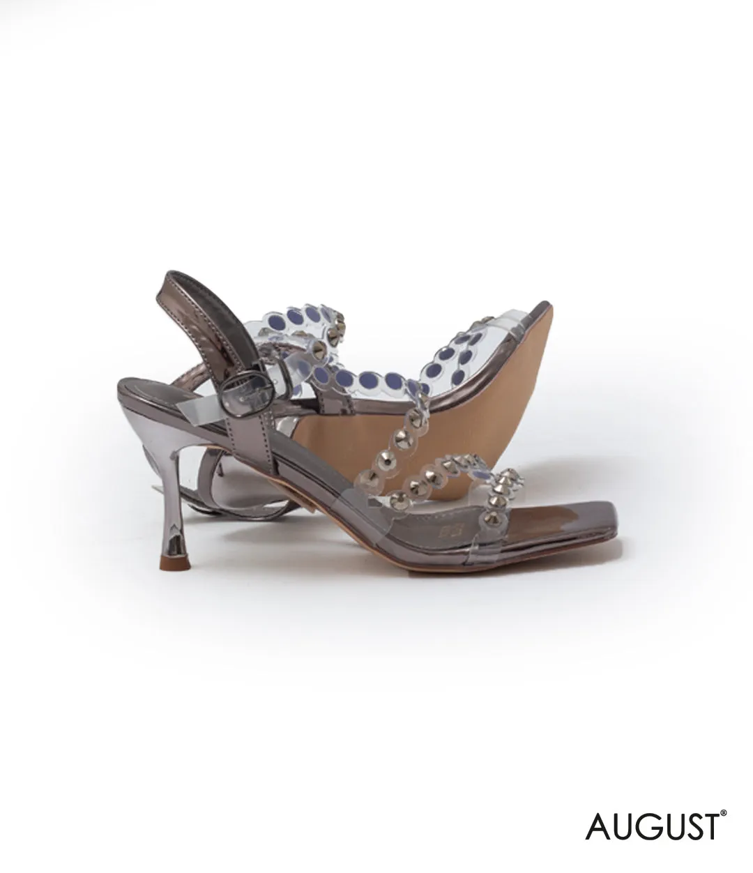 PEWTER CLEAR STUUDED CRYSTAL LOW-HEELED SANDAL