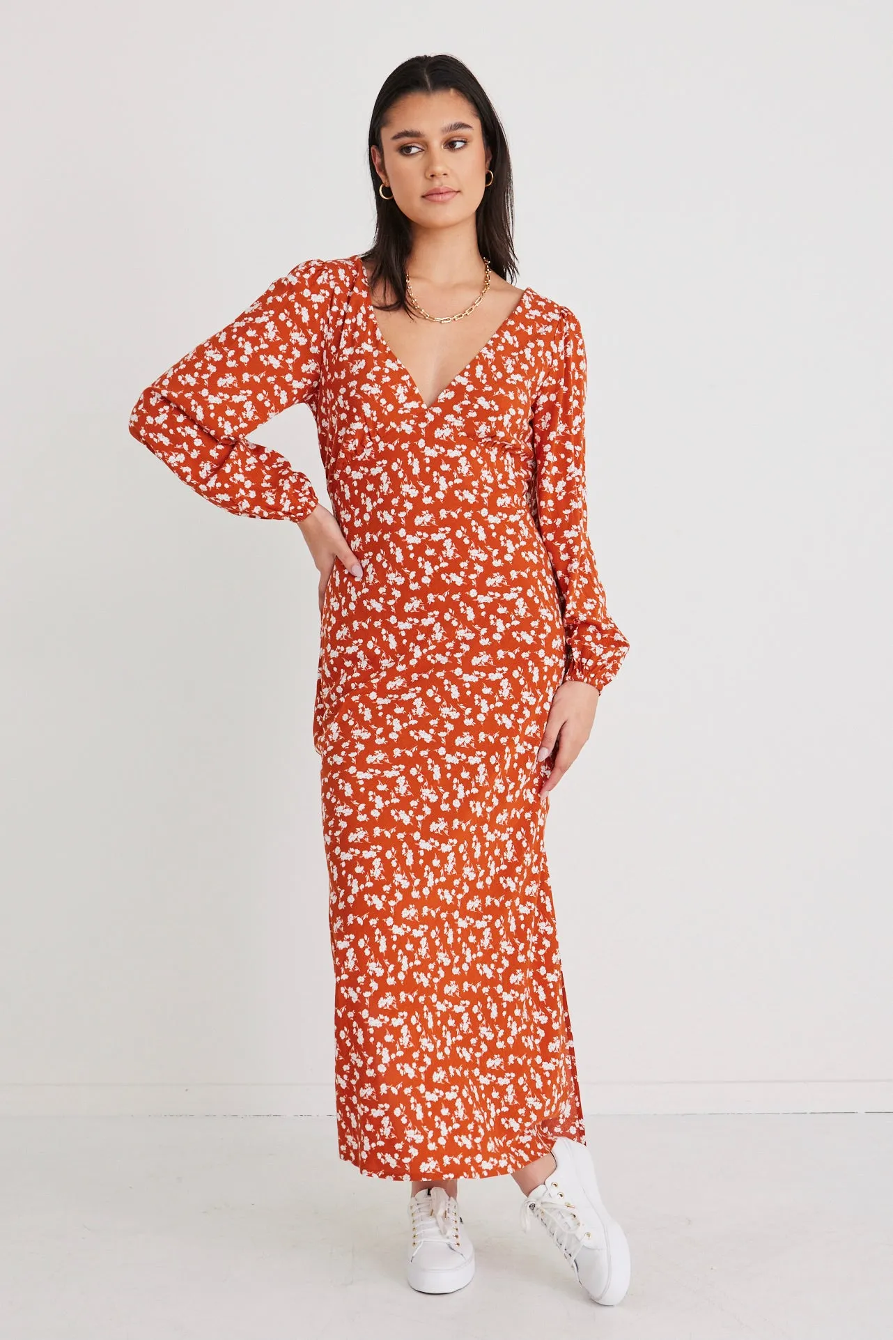 Phoenix Copper Ditsy Ls Bias Midi Dress