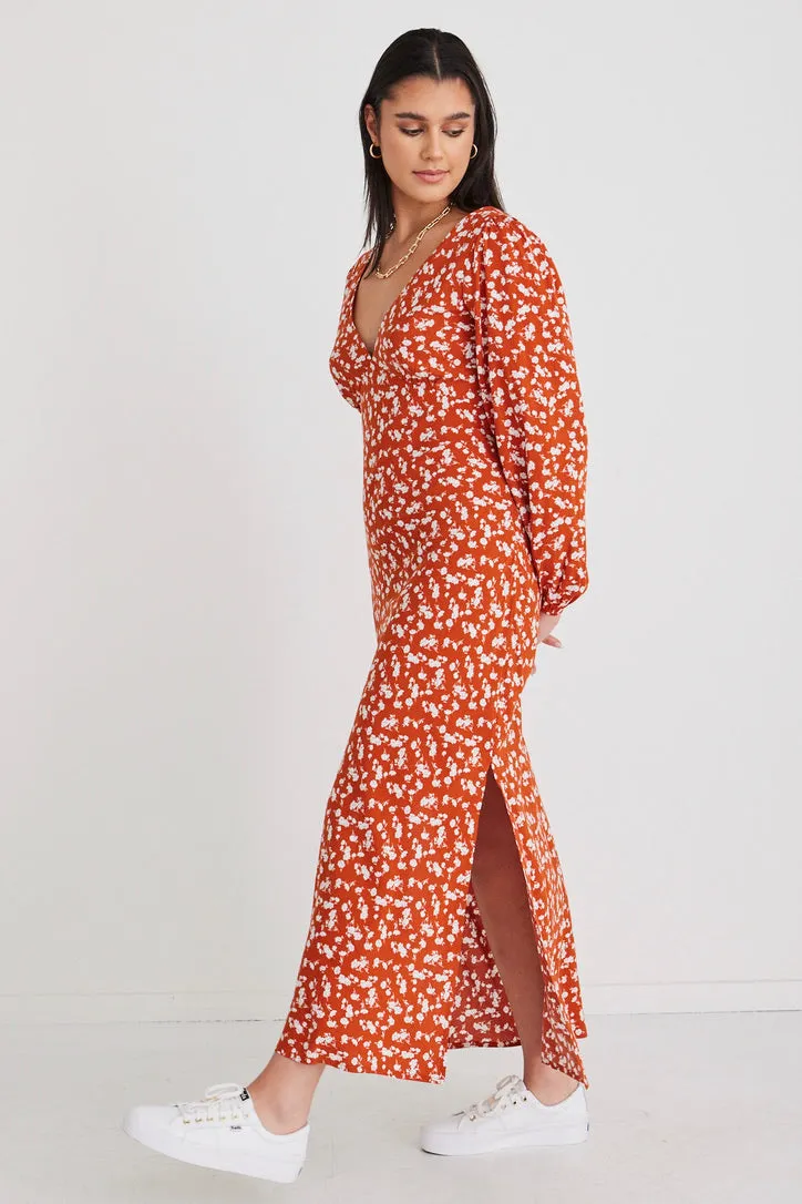 Phoenix Copper Ditsy Ls Bias Midi Dress