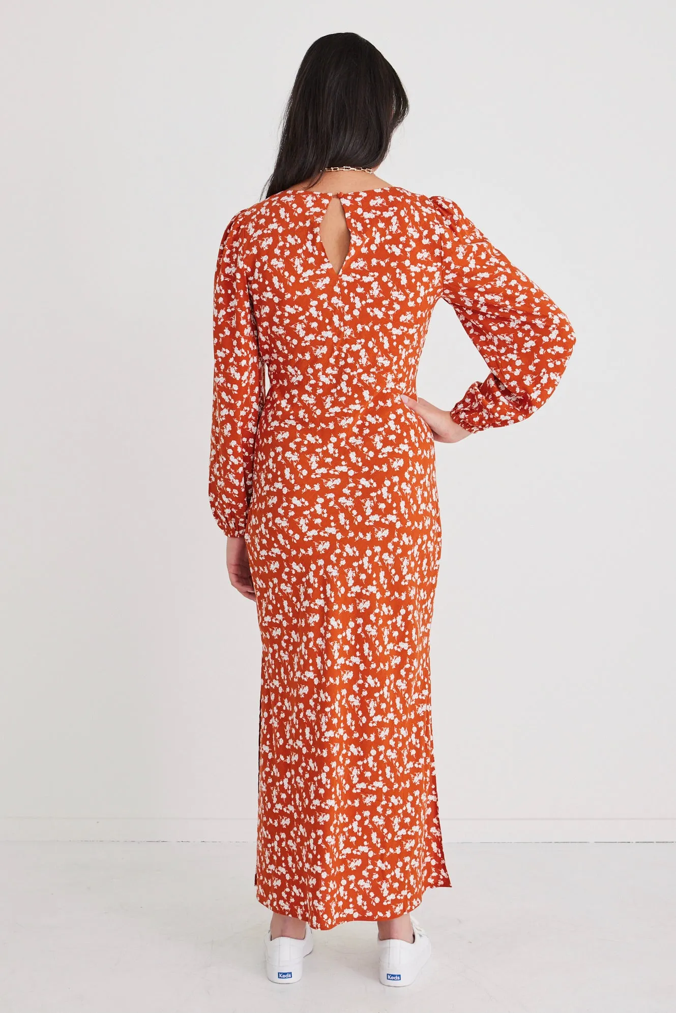 Phoenix Copper Ditsy Ls Bias Midi Dress