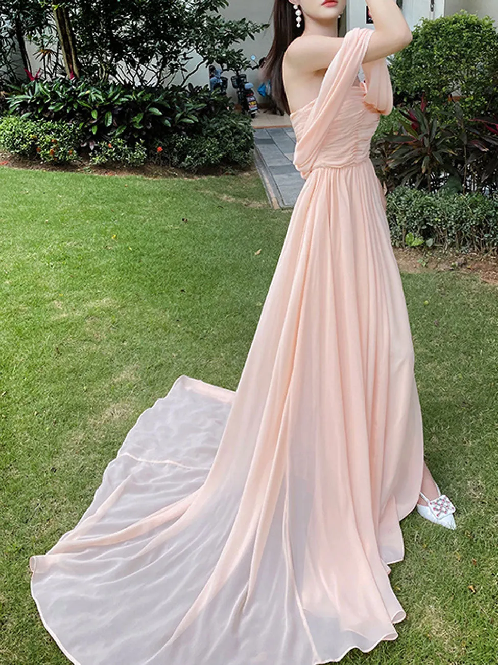 Pink Chiffon Long Prom Dresses, Pink Formal Evening Party Dress