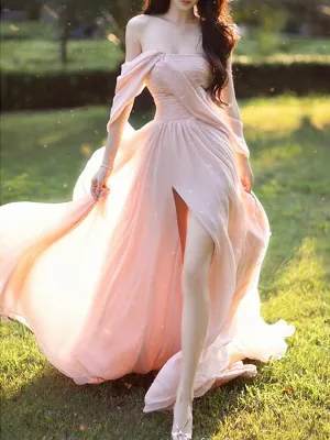 Pink Chiffon Long Prom Dresses, Pink Formal Evening Party Dress