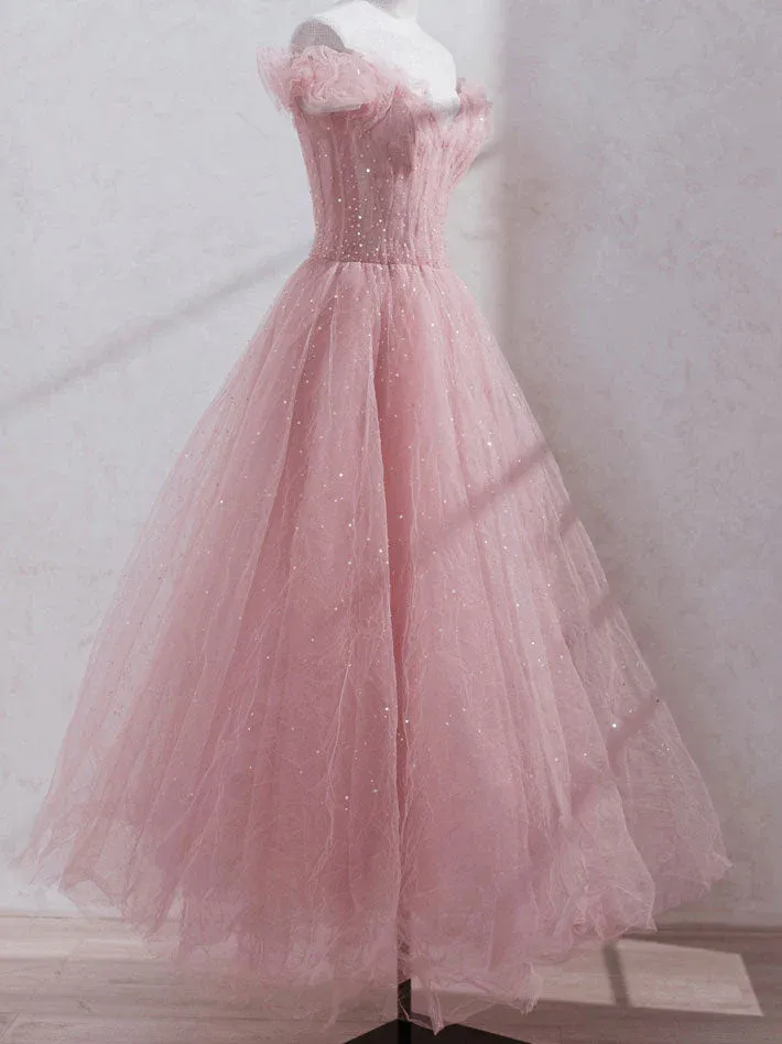 Pink Sweetheart Off Shoulder Sequins Long Evening Dress, Pink Prom Dresses