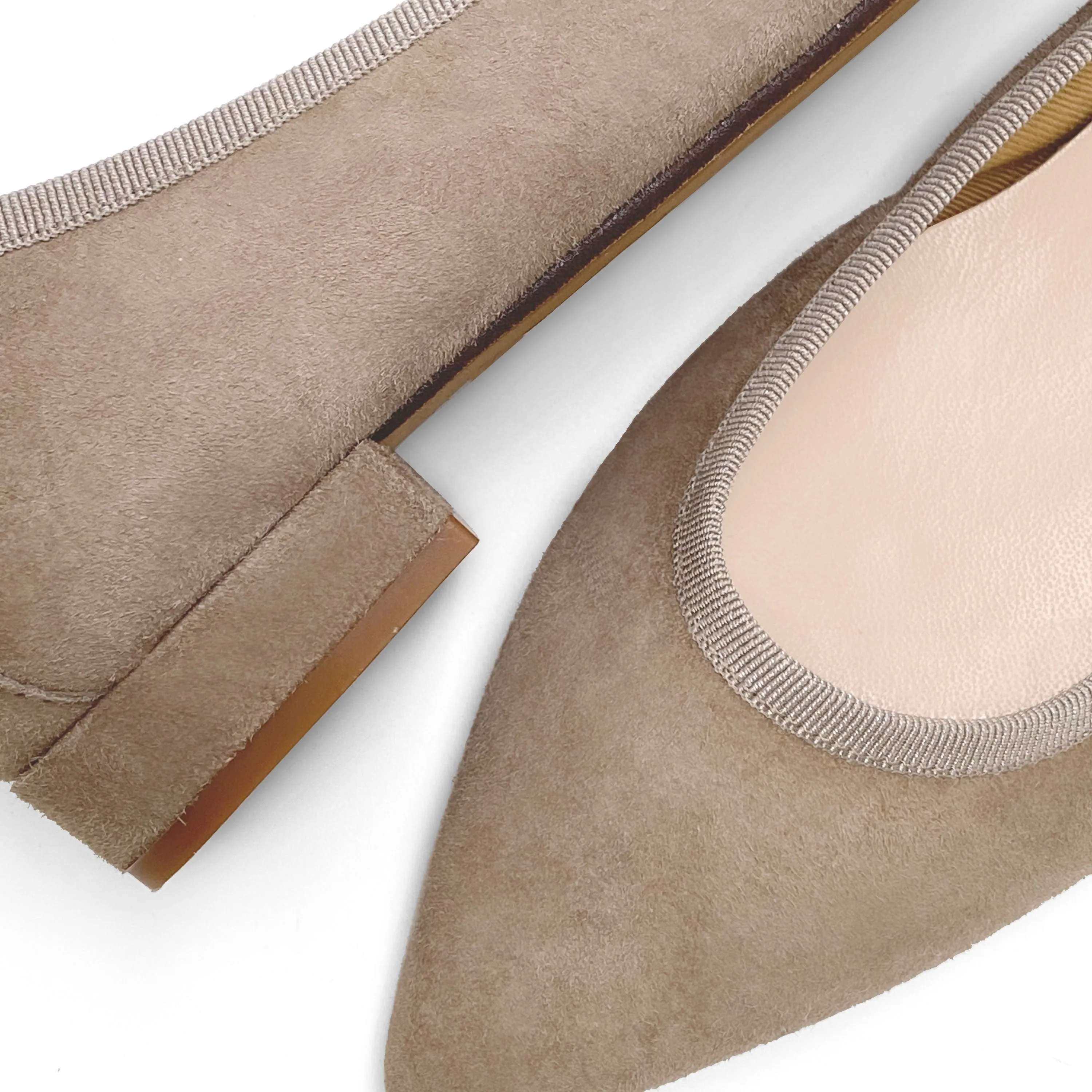 Pointed toe dove gray suede ballet flats