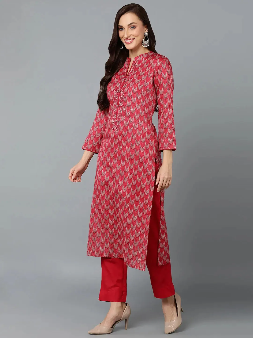 Red Silk Blend Straight Kurta Pant With-VKSKD1812A
