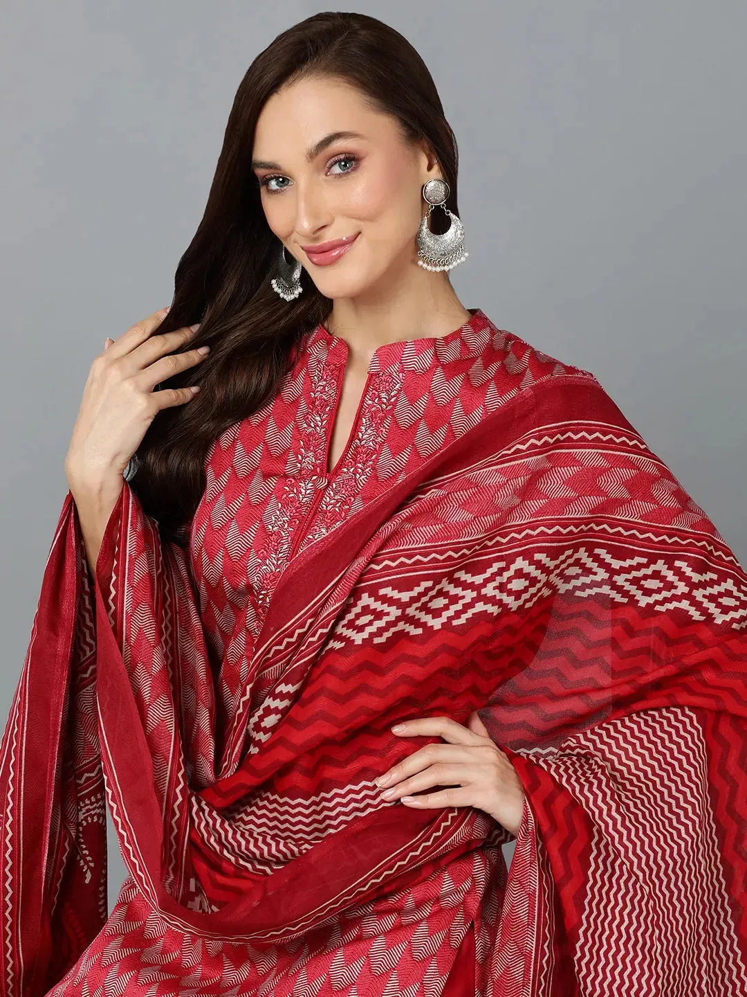 Red Silk Blend Straight Kurta Pant With-VKSKD1812A