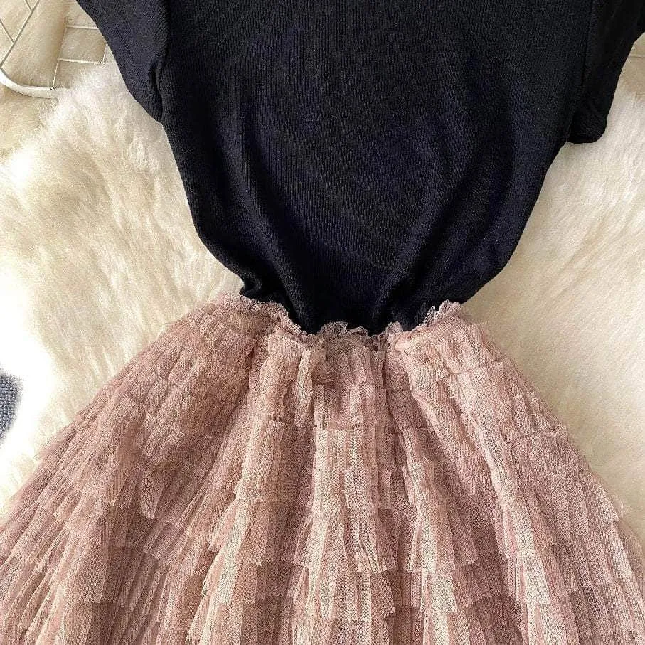 Ribbed Knit Round Neck Maxi Tulle Layered Dress