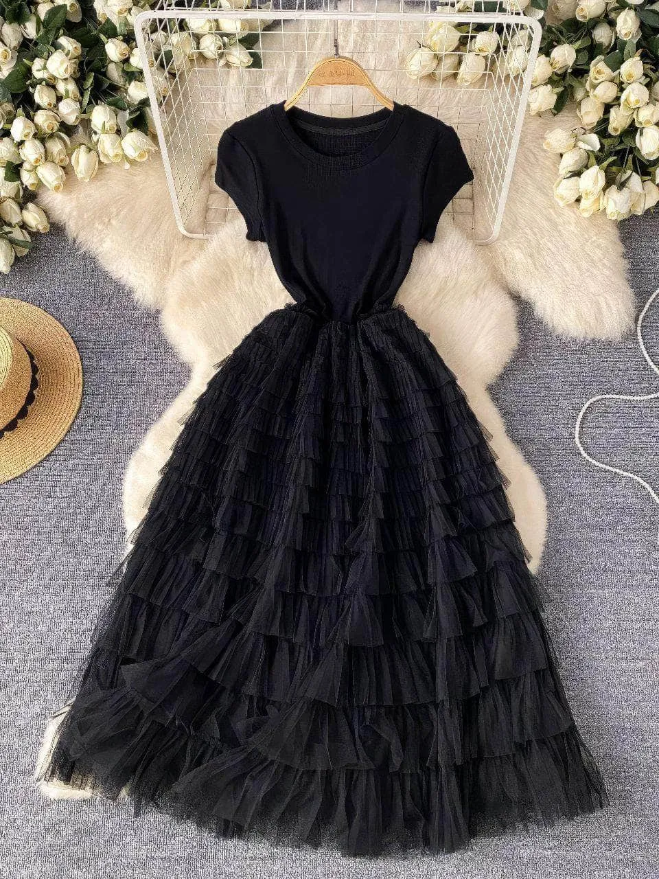Ribbed Knit Round Neck Maxi Tulle Layered Dress