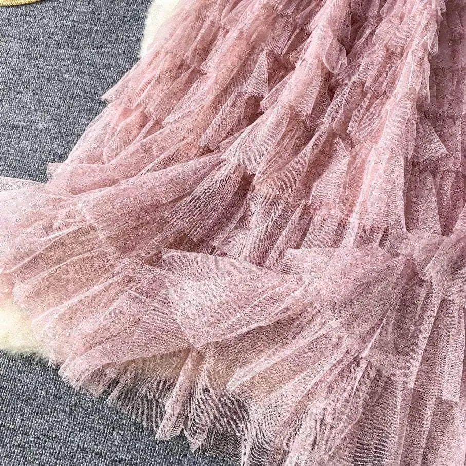 Ribbed Knit Round Neck Maxi Tulle Layered Dress