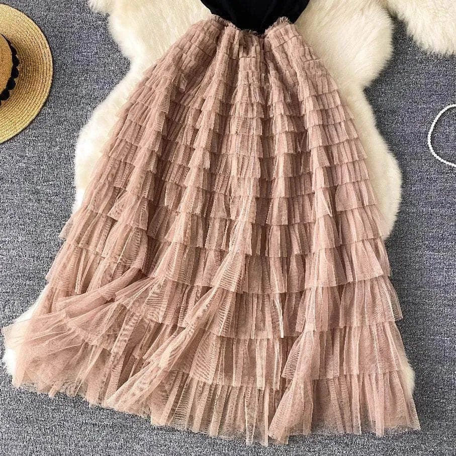 Ribbed Knit Round Neck Maxi Tulle Layered Dress