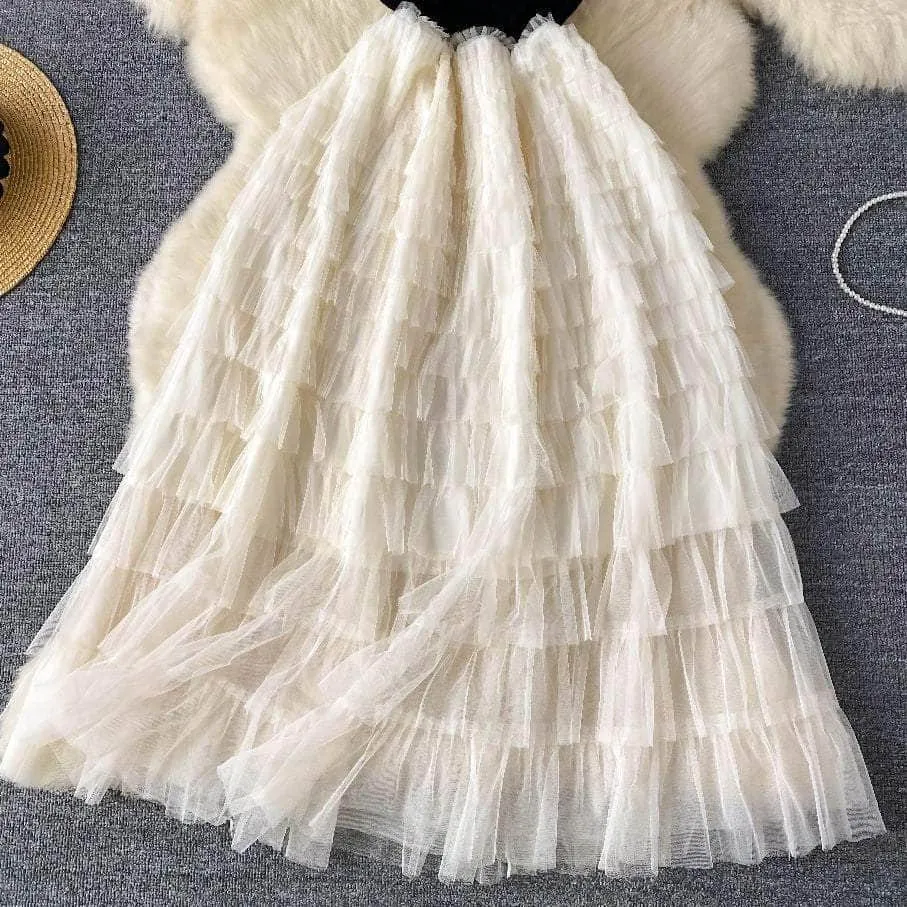 Ribbed Knit Round Neck Maxi Tulle Layered Dress