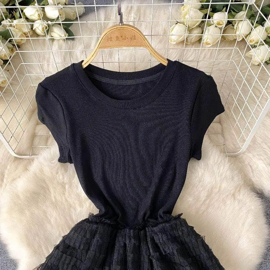 Ribbed Knit Round Neck Maxi Tulle Layered Dress