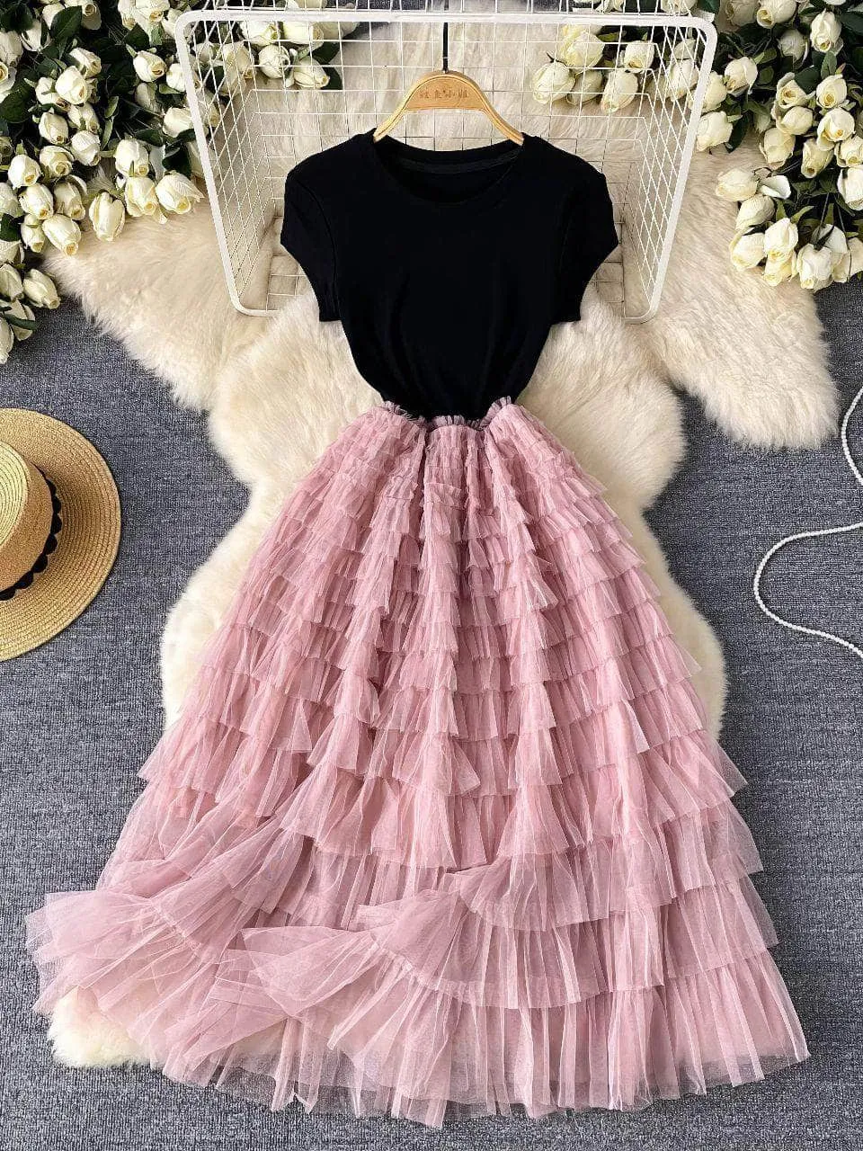 Ribbed Knit Round Neck Maxi Tulle Layered Dress