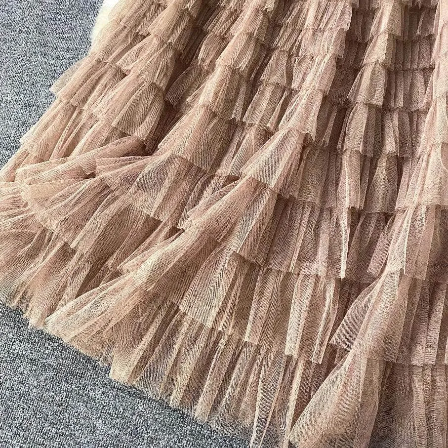 Ribbed Knit Round Neck Maxi Tulle Layered Dress