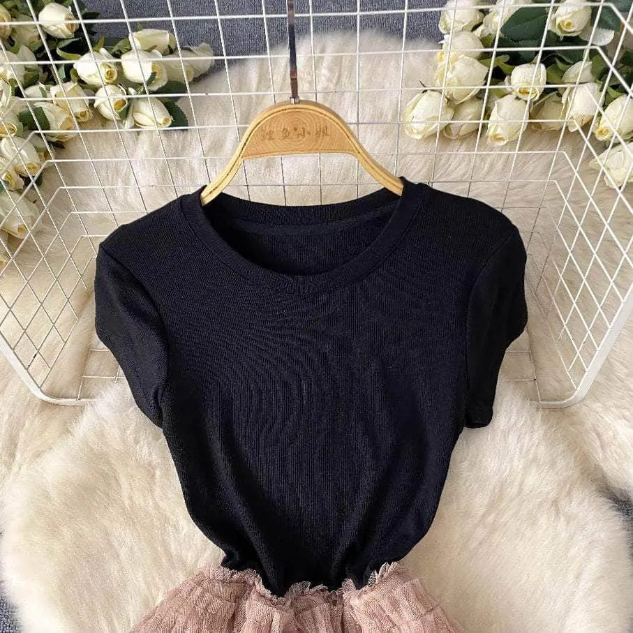 Ribbed Knit Round Neck Maxi Tulle Layered Dress
