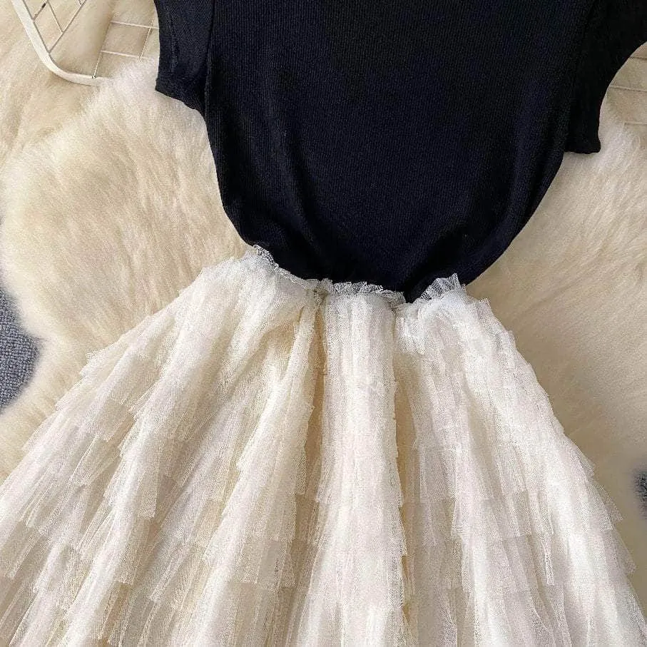 Ribbed Knit Round Neck Maxi Tulle Layered Dress