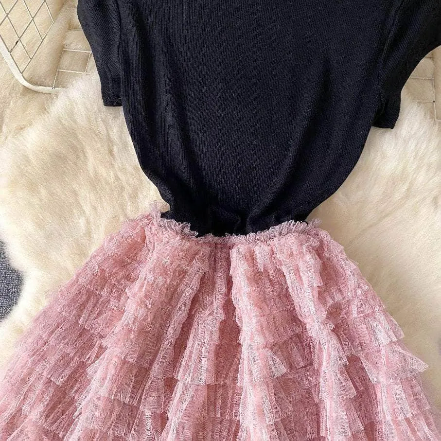 Ribbed Knit Round Neck Maxi Tulle Layered Dress