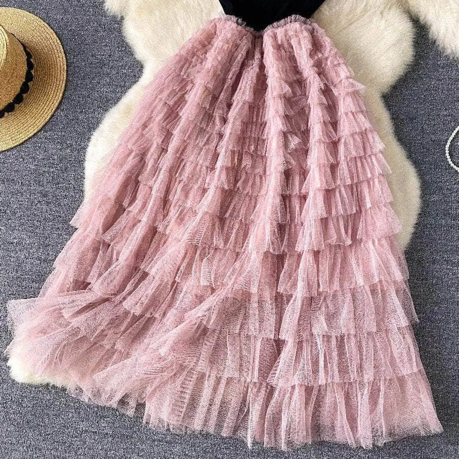 Ribbed Knit Round Neck Maxi Tulle Layered Dress