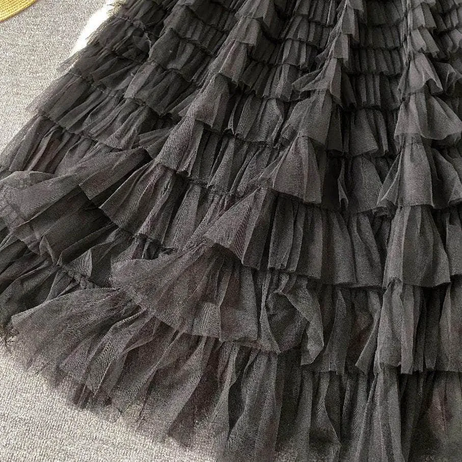 Ribbed Knit Round Neck Maxi Tulle Layered Dress