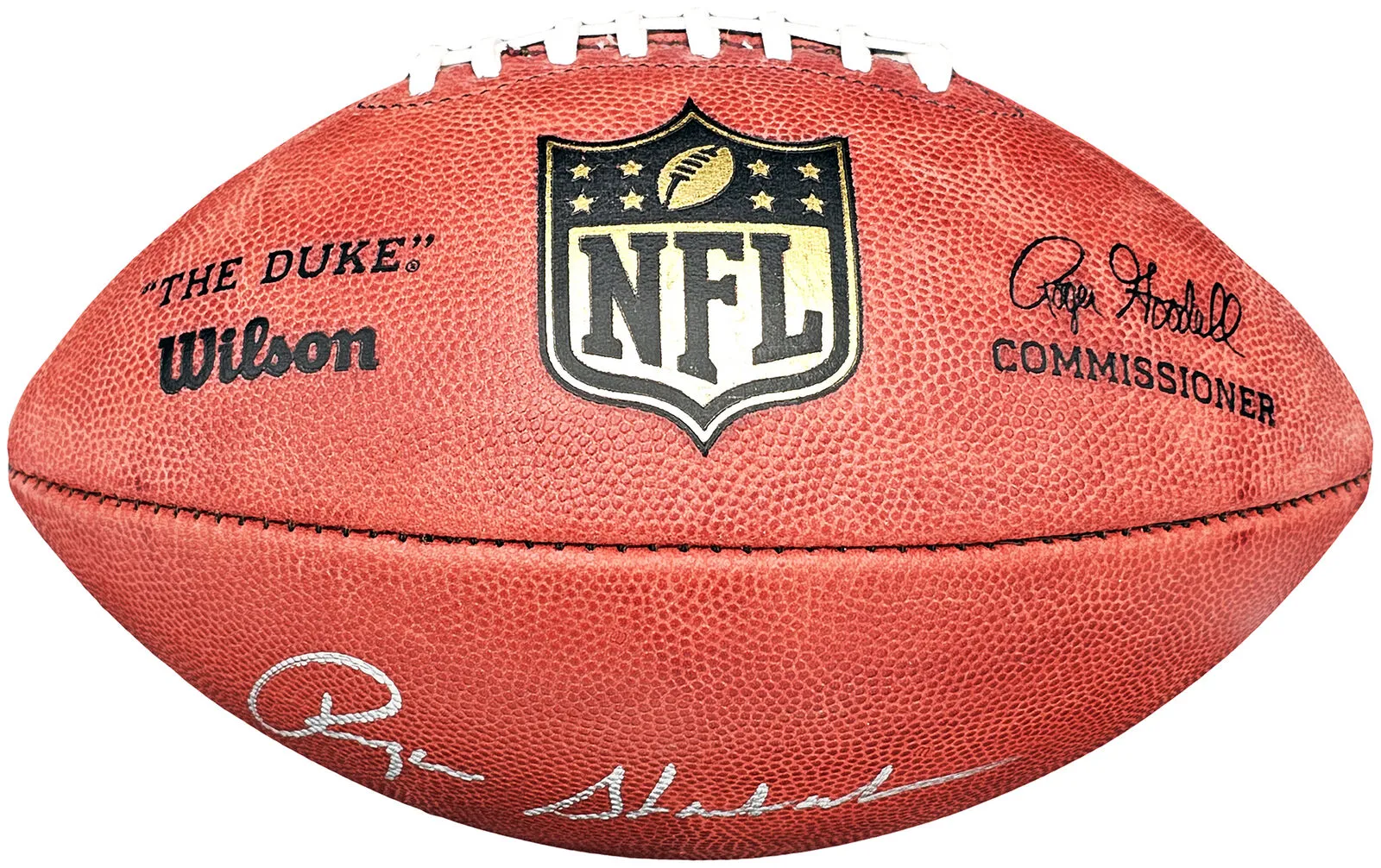 ROGER STAUBACH AUTOGRAPHED THE DUKE LEATHER FOOTBALL COWBOYS BECKETT 212674