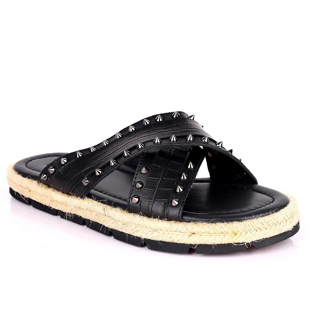 Salv Spike And Cow Hide Designed Original Cross Leather Slippers - Black