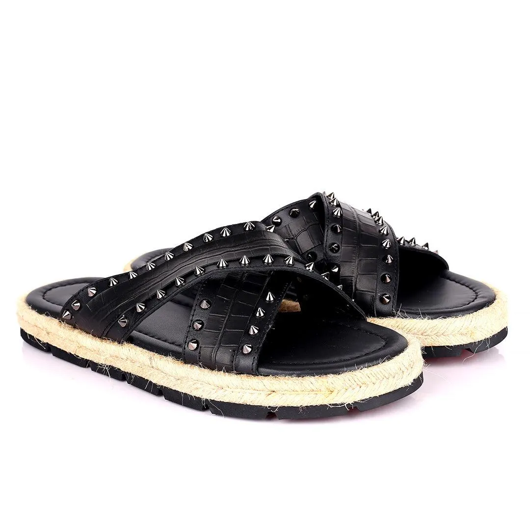 Salv Spike And Cow Hide Designed Original Cross Leather Slippers - Black