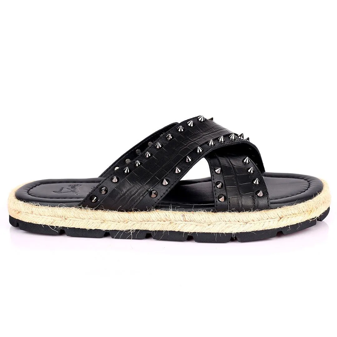 Salv Spike And Cow Hide Designed Original Cross Leather Slippers - Black